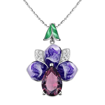 Hibiscus Syriacus Ultramarine Enamel Zirconia Sterling Silver Necklace